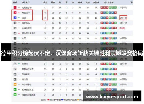 德甲积分榜起伏不定，汉堡客场斩获关键胜利震撼联赛格局